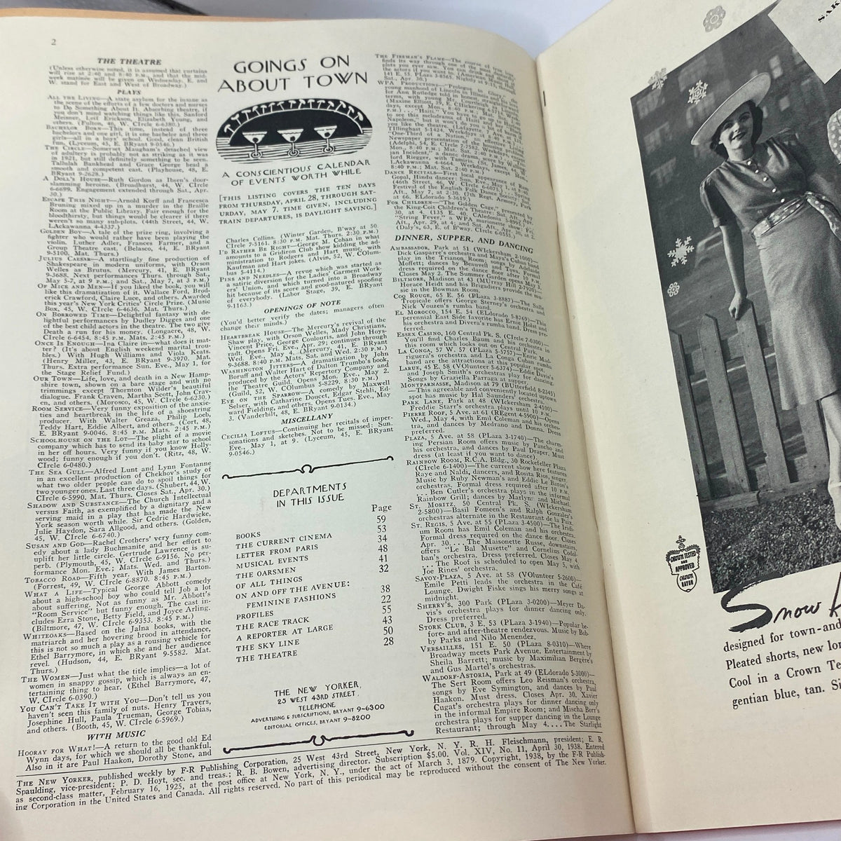 Interior page of The New Yorker magazine from April 30, 1938, featuring the 'Goings On About Town' section and a detailed calendar of events, part of the issue with Roger Duvoisin cover.