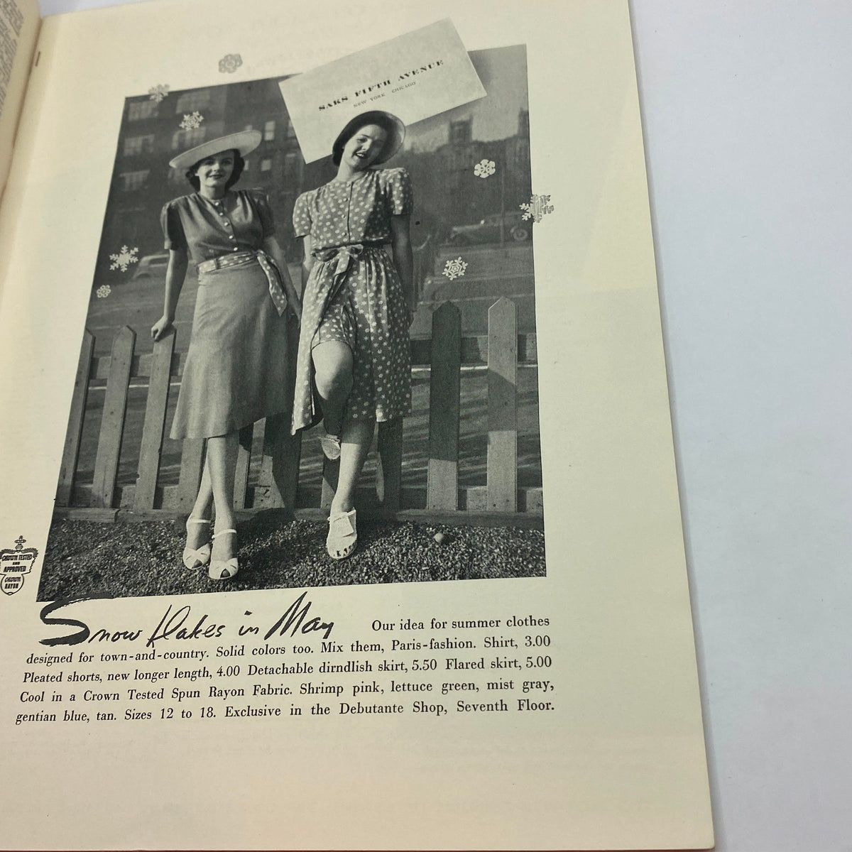 Fashion advertisement inside The New Yorker magazine from April 30, 1938, showcasing summer clothes with models in elegant outfits, featured in the issue with Roger Duvoisin cover.