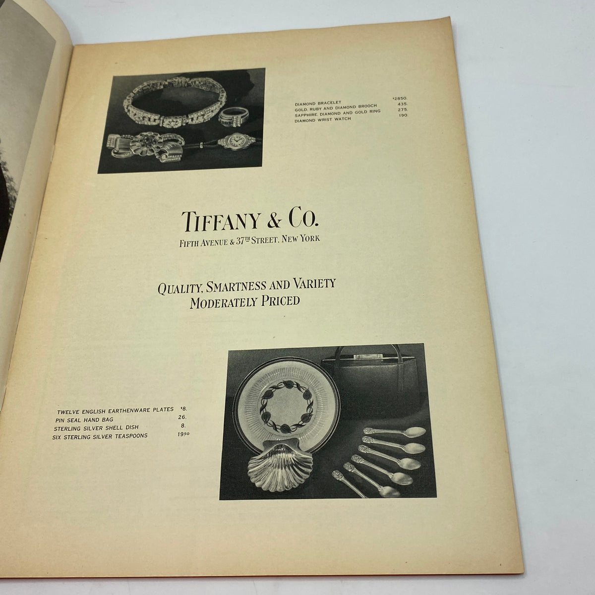 Interior page from The New Yorker magazine January 1, 1938 featuring an advertisement for Tiffany & Co. showcasing jewelry and home goods.