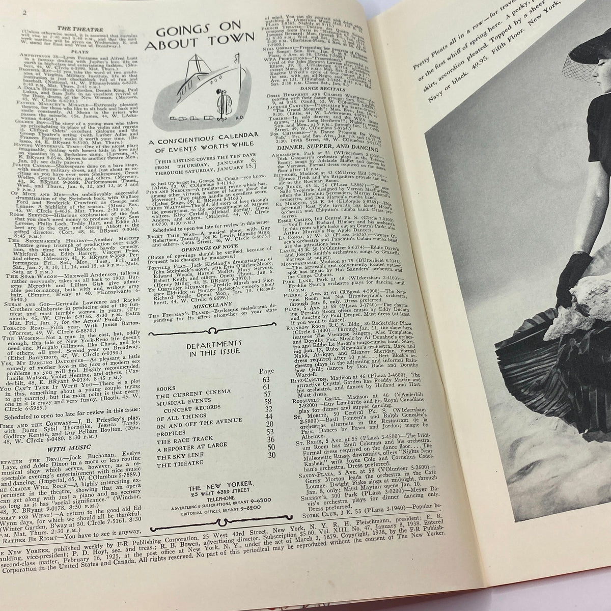 Interior page of The New Yorker, January 8, 1938, showcasing a calendar of events and features of the magazine, including departments such as books, cinema, and theatre.