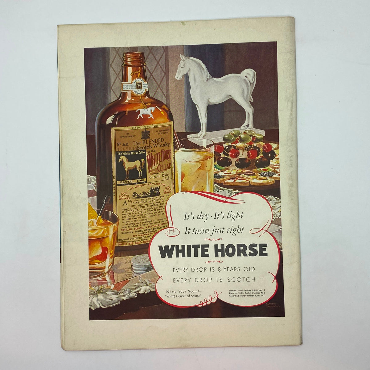 White Horse Scotch advertisement featuring a vintage bottle and glass, showcasing the tagline 'It's dry, It's light, It tastes just right' from The New Yorker Complete Magazine August 20, 1938