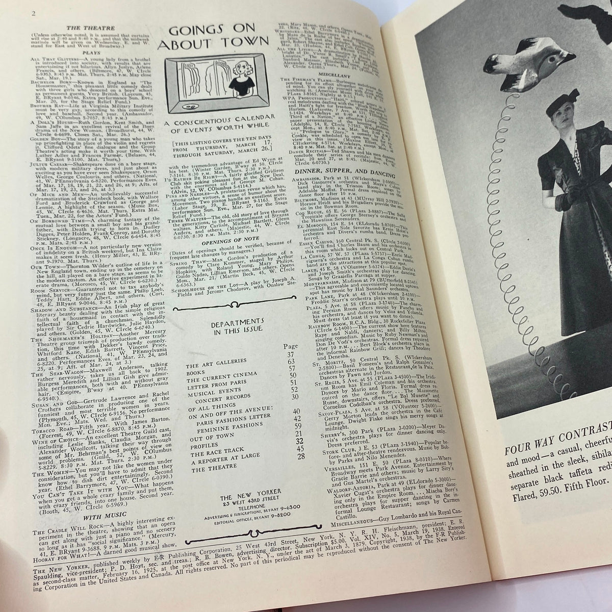 Page from The New Yorker Complete Magazine March 19, 1938 showcasing 'Goings on About Town' calendar of events and various departments in the issue.
