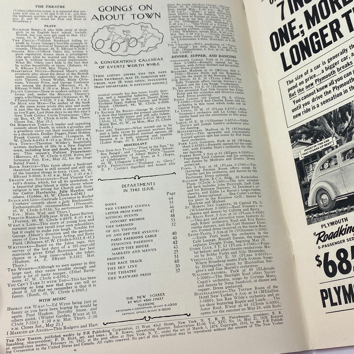 Interior page of The New Yorker magazine dated May 21, 1938, showcasing articles and events listing. This vintage issue features well-preserved text reflecting mid-century culture, associated with the Rea Irvin cover