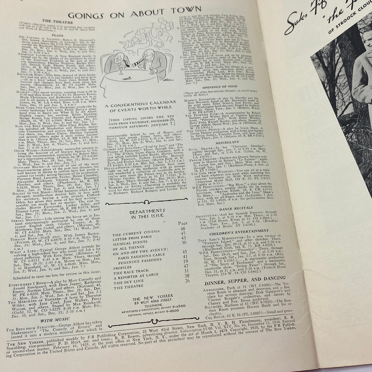 Inside page of The New Yorker Complete Magazine December 31, 1938, featuring articles and events calendar including 'Goings On About Town'.