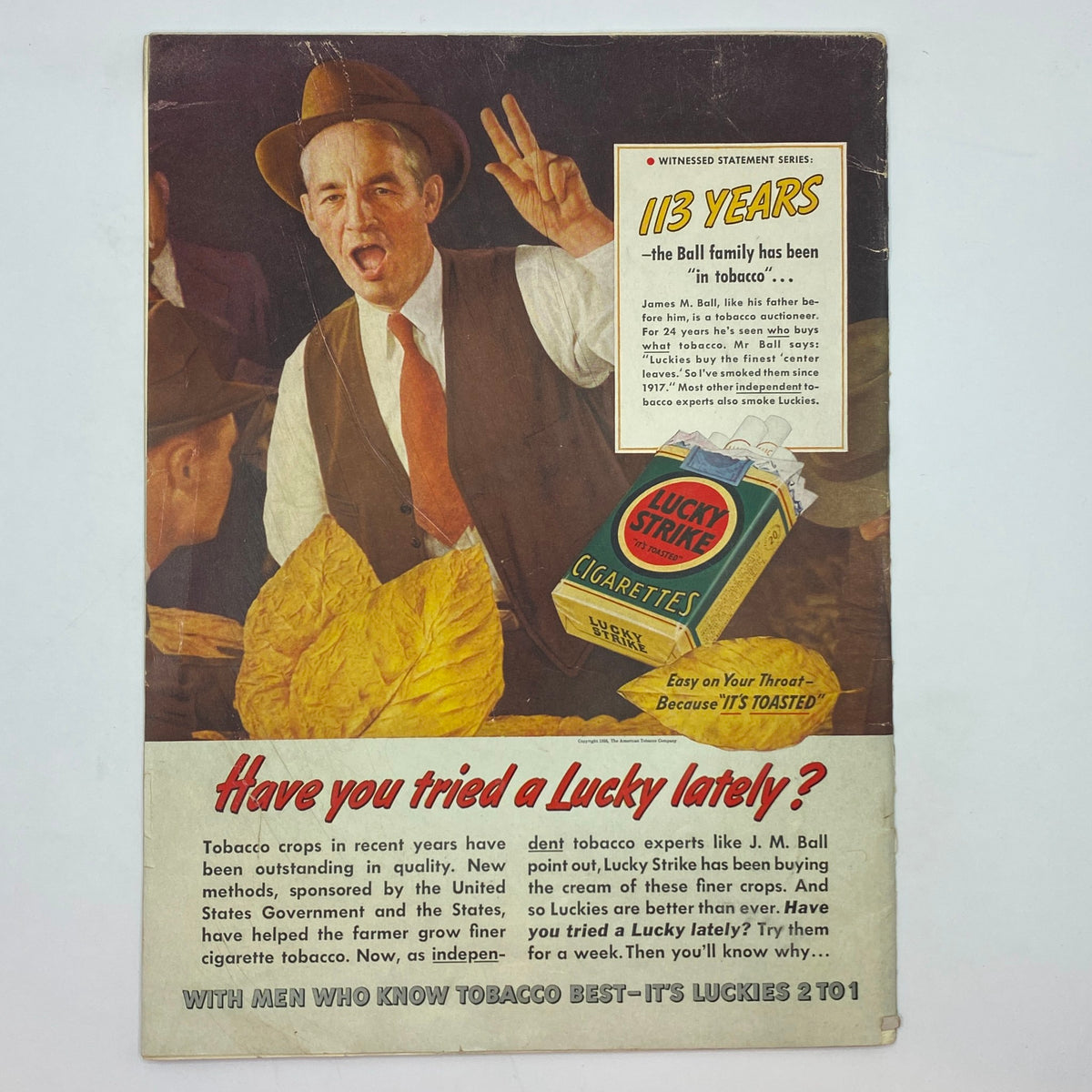 Back cover of The New Yorker Complete Magazine December 31, 1938, featuring an advertisement for Lucky Strike Cigarettes highlighting tobacco quality.