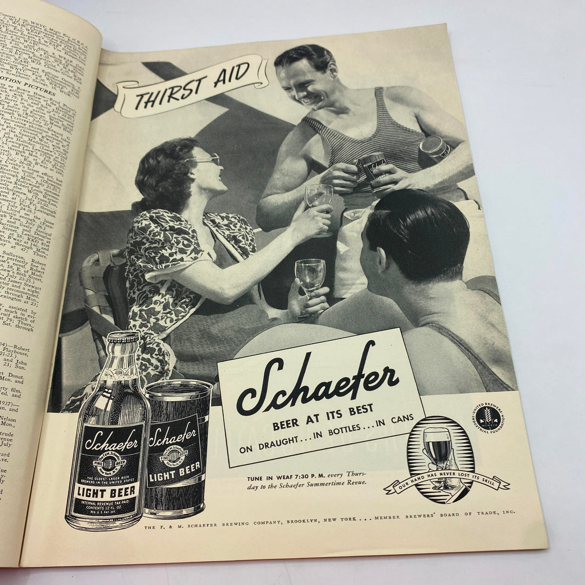 Vintage advertisement from The New Yorker July 23, 1938 featuring Schaefer Light Beer with a cheerful couple enjoying drinks in a social setting, showcasing a nostalgic glimpse into 1930s leisure culture.