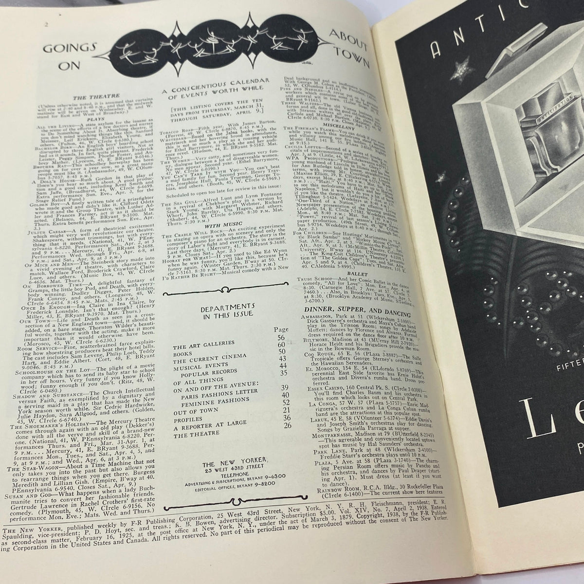 Interior page of The New Yorker Complete Magazine April 2, 1938 featuring 'Goings On About Town' and theater listings.