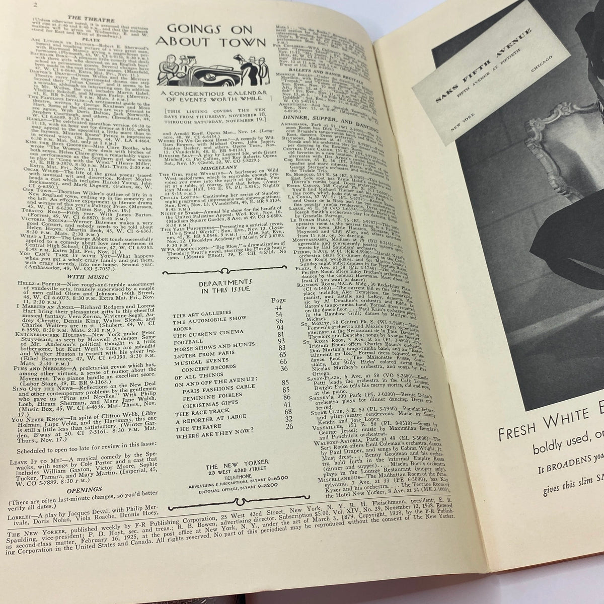Interior page from The New Yorker magazine dated November 12, 1938 featuring a calendar of events and magazine departments, showcasing the vintage design and typography of the era.