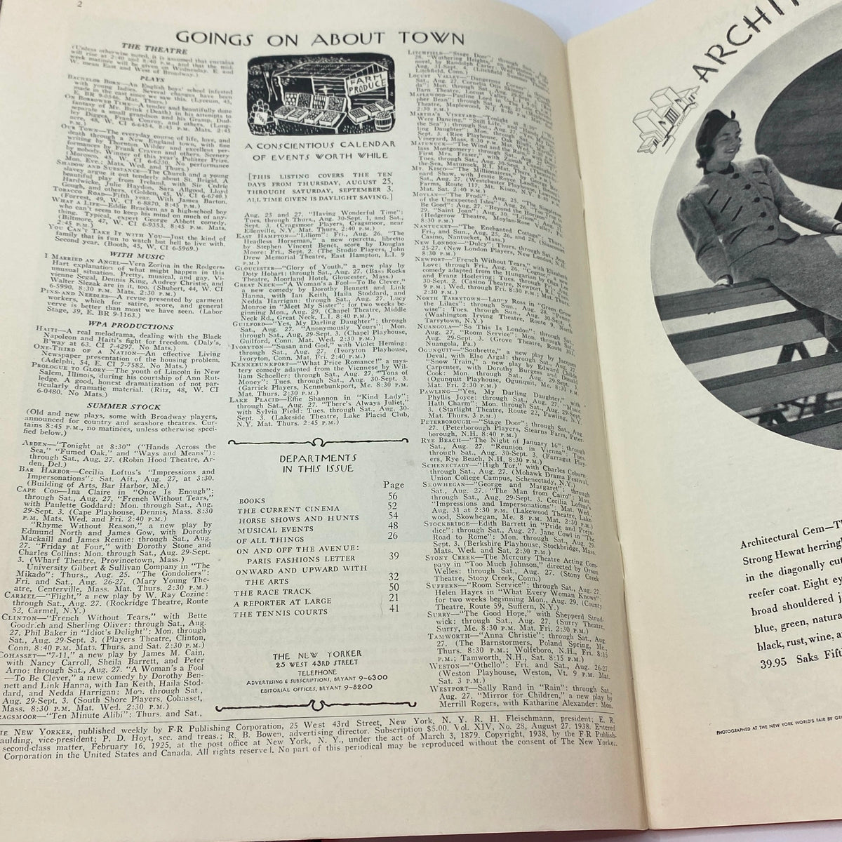 Interior page from The New Yorker Complete Magazine August 27, 1938 featuring 'Goings On About Town' section and various event listings, showcasing vintage publication layout.