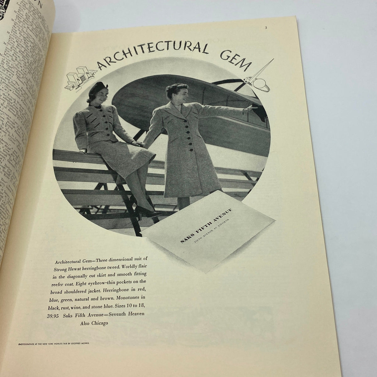 Illustration from The New Yorker Complete Magazine August 27, 1938 featuring two women in stylish coats posing in front of a large airplane, underscoring the architectural theme of the period.