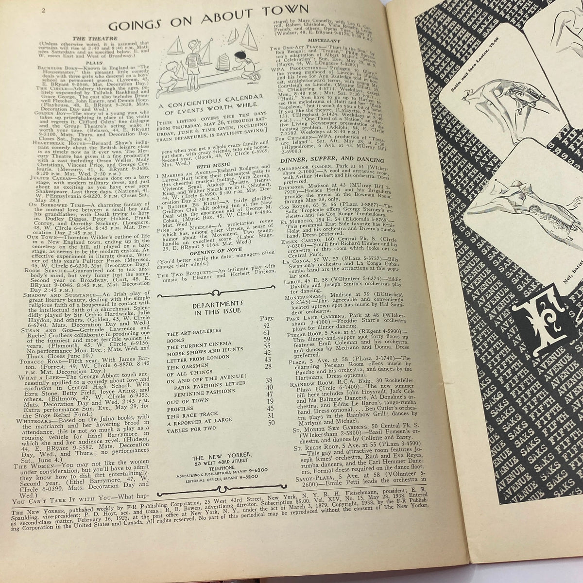 Interior page of The New Yorker magazine from May 28, 1938 featuring a glimpse into the 'Goings On About Town' section, showcasing the popular cultural events of the time, highlighted in the context of the magazine's rich history.