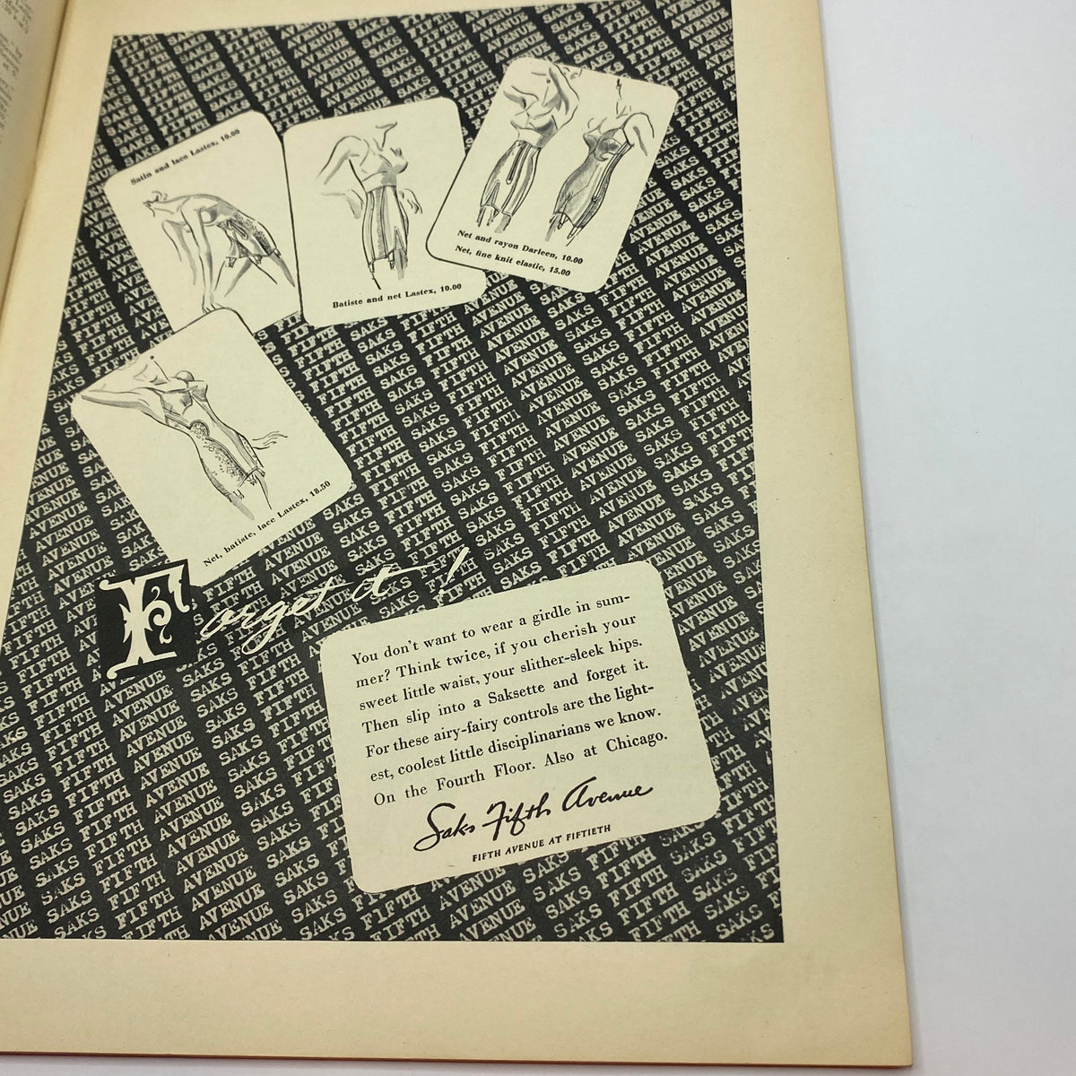 Advertisement page from The New Yorker magazine May 28, 1938 featuring fashion illustrations and a promotional message from Saks Fifth Avenue, illustrating the stylistic trends of the era.