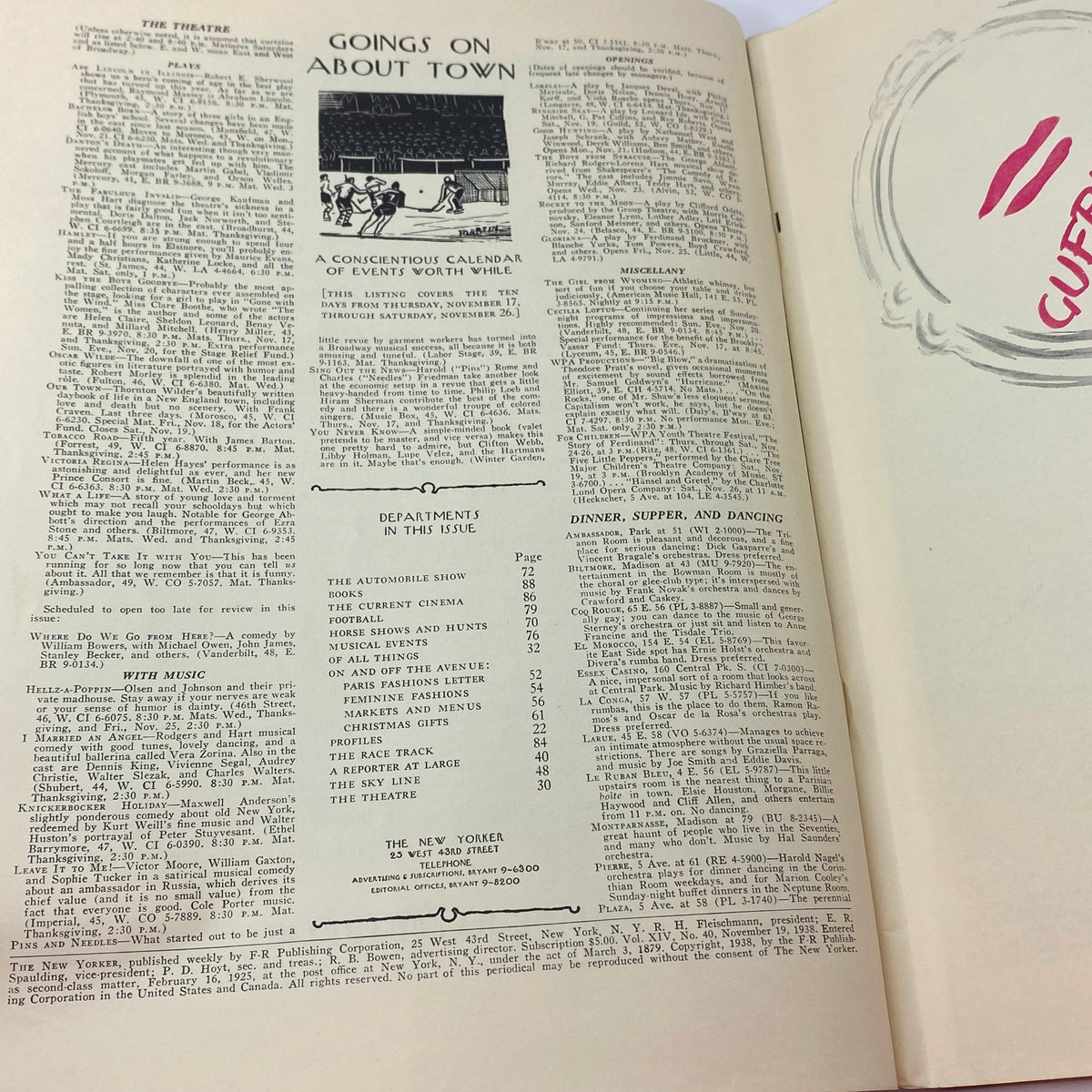 Interior pages of The New Yorker Complete Magazine November 19, 1938 featuring the Goings On About Town section with listings of events and activities.