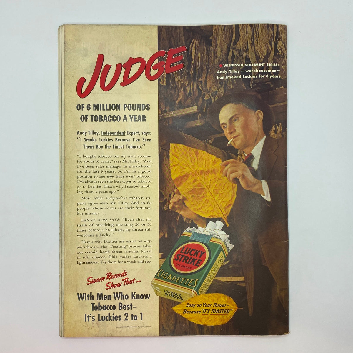 Vintage advertisement from The New Yorker Complete Magazine November 19, 1938 promoting Lucky Strike cigarettes with a tobacco expert highlighting the quality of their product.