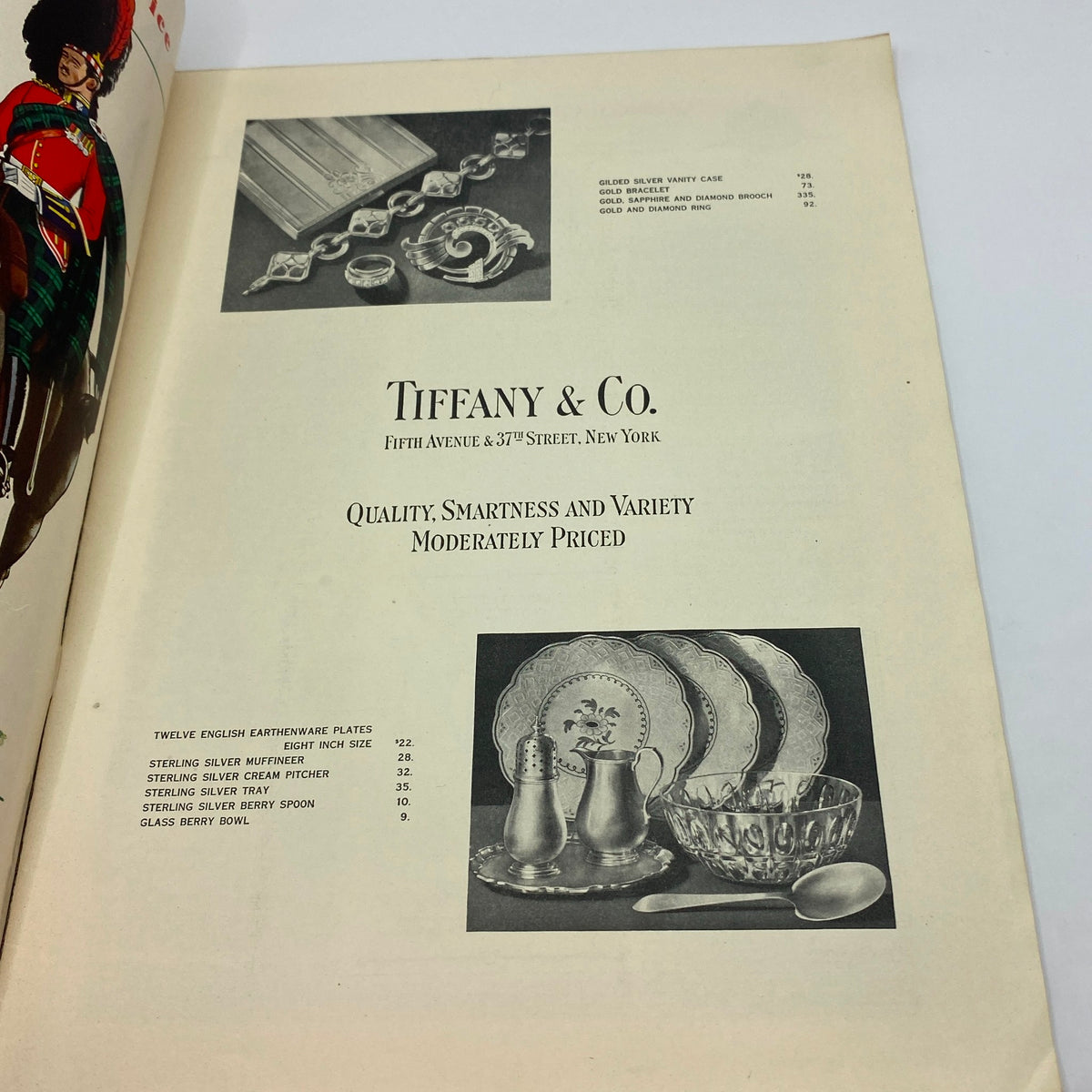 Advertisement page for Tiffany & Co. showcasing elegant silverware and china from The New Yorker magazine August 13, 1938, featuring the iconic Rea Irvin cover.