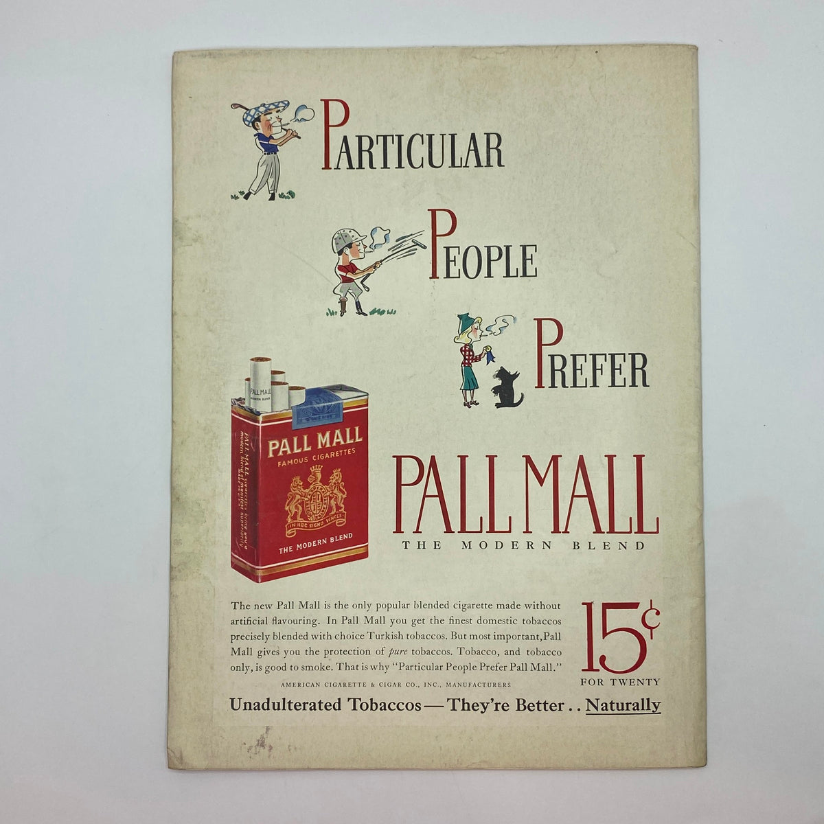 Vintage advertisement for Pall Mall cigarettes from The New Yorker magazine August 13, 1938, featuring a display of brand branding and pricing, with the iconic Rea Irvin cover.