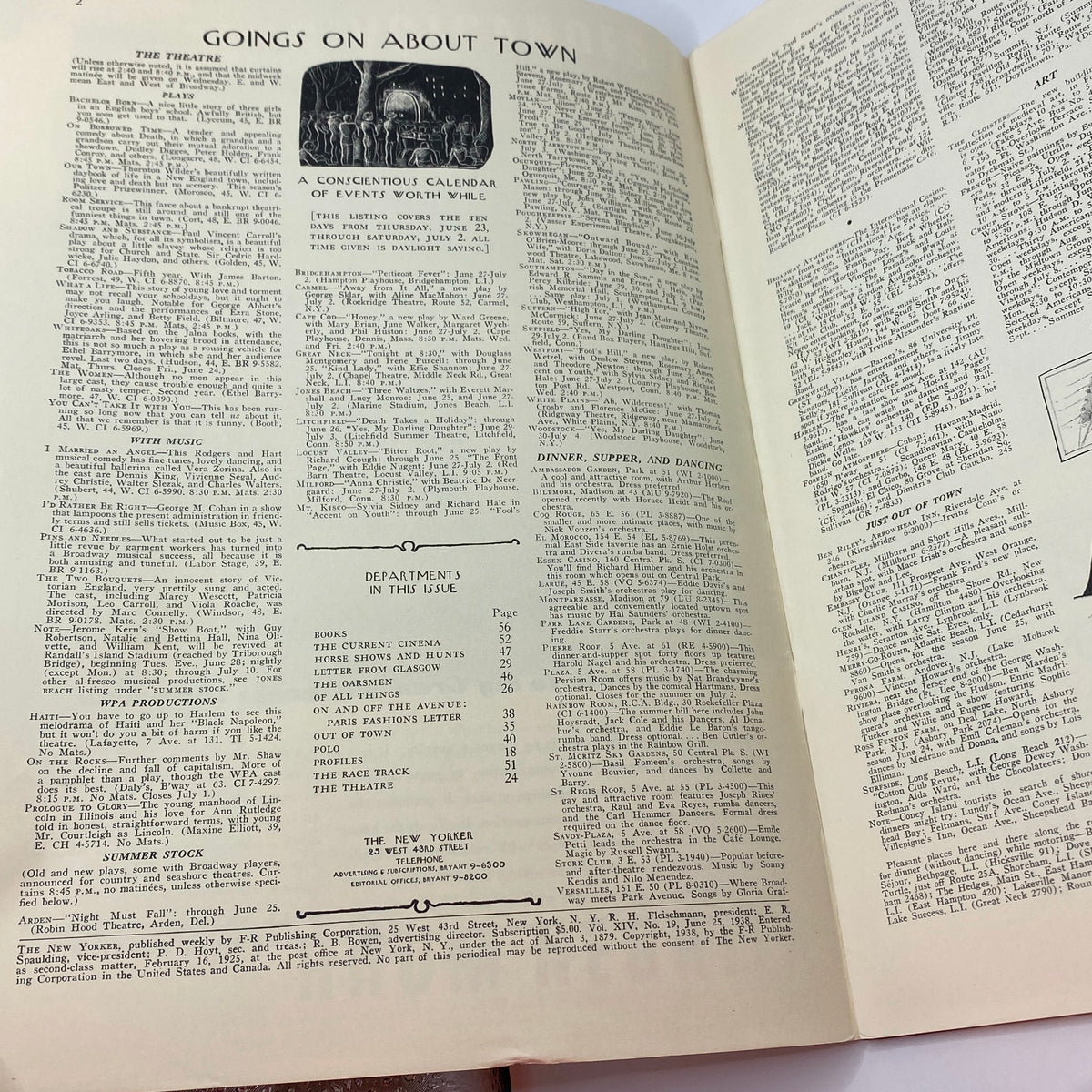 Two pages from The New Yorker magazine, June 25, 1938, featuring articles and a calendar of events, showcasing vintage typography and layout.