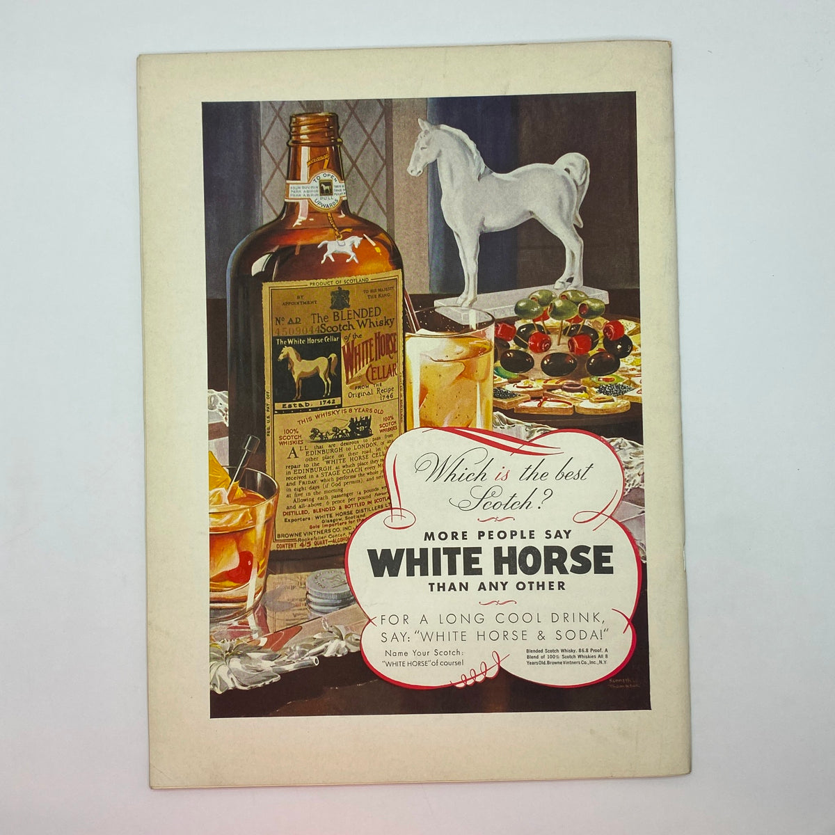 The New Yorker Complete Magazine June 25, 1938 featuring a Leonard Dove cover illustration, showcasing charming artwork from the era alongside a vintage advertisement for White Horse Scotch, highlighting the drink in a stylish setting.
