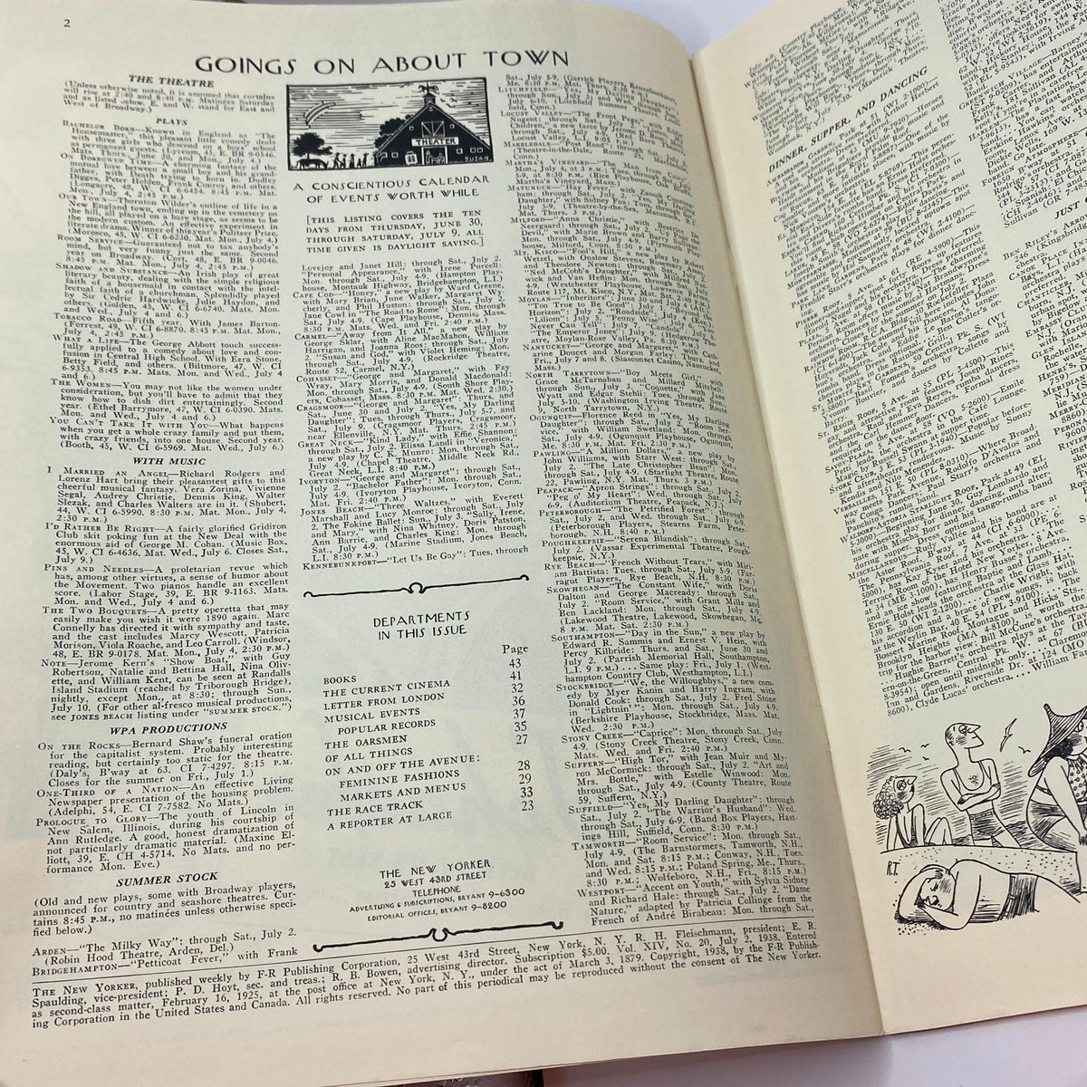 Inside page of The New Yorker Complete Magazine from July 2, 1938 featuring article listings and events calendar. This vintage edition showcases Rea Irvin's influence on American pop culture.