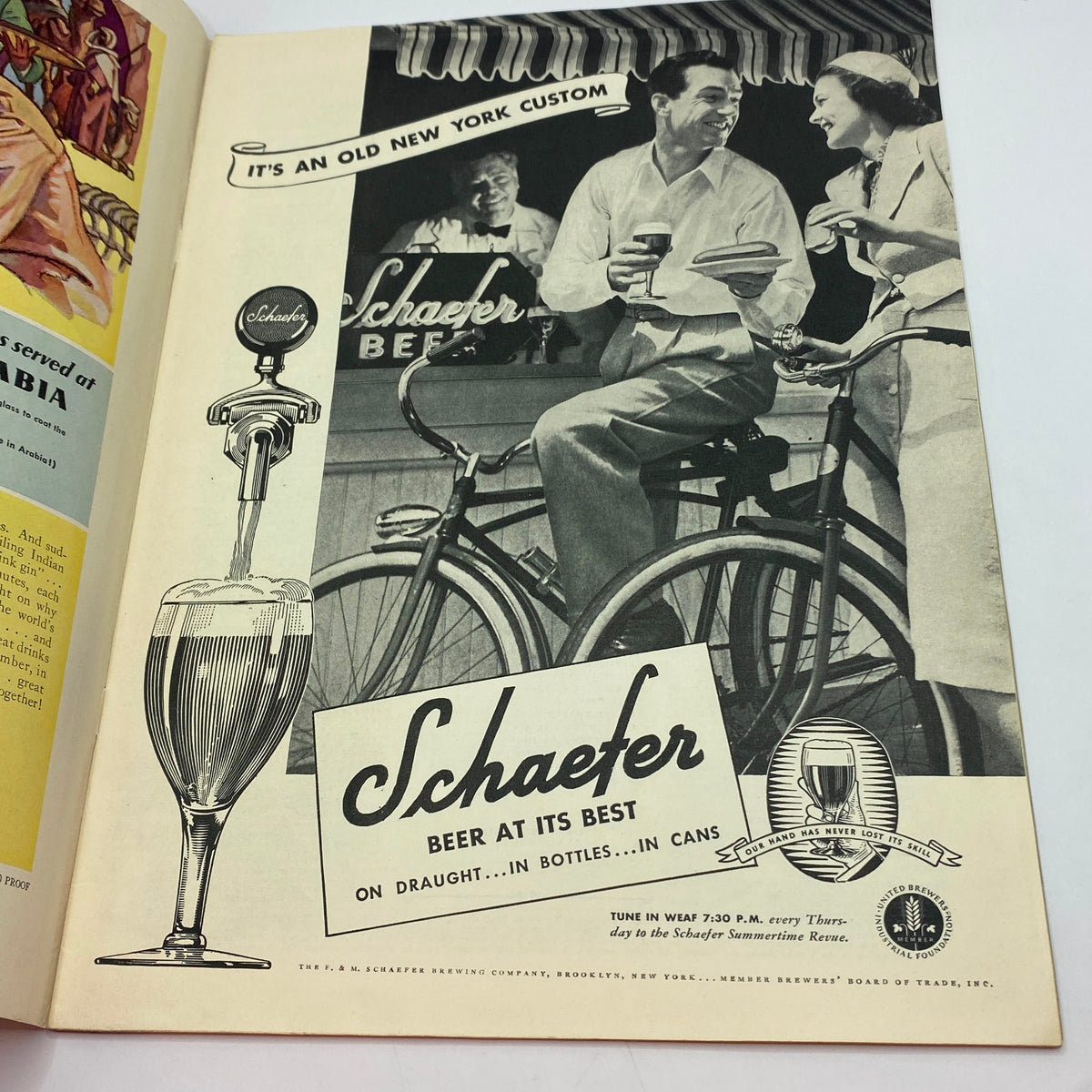 Advertisement from The New Yorker Complete Magazine July 2, 1938 for Schaefer Beer, illustrating a classic New York scene with people enjoying beverages. A notable piece in vintage advertising history.