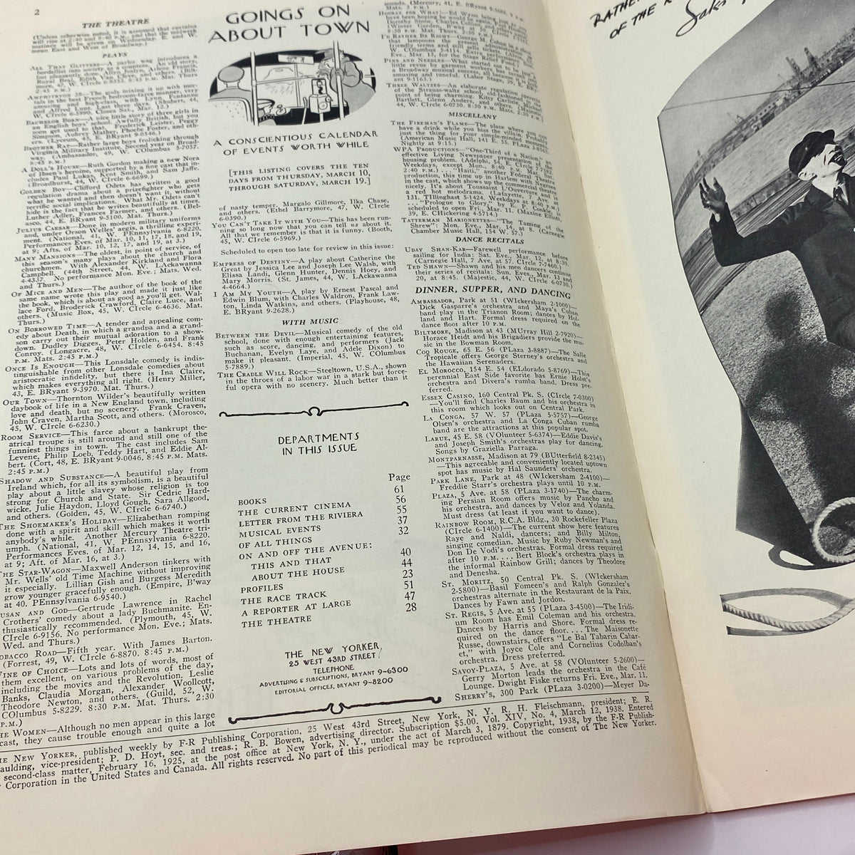 Interior page from The New Yorker magazine March 12, 1938, highlighting the 'Goings on About Town' section with various cultural events listed.