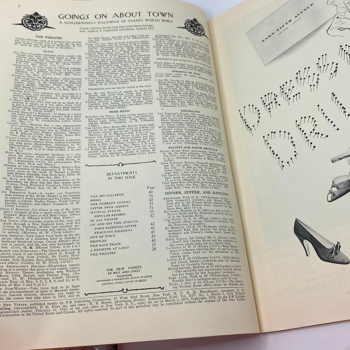 Inside page of The New Yorker March 5, 1938, featuring 'Goings On About Town' listings and events for the week.