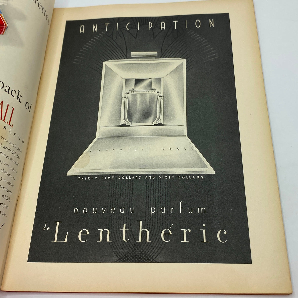 Anticipation perfume advertisement from a 1937 magazine, featuring sleek packaging and elegant typography showcasing lentheric Paris and pricing details, as seen in The New Yorker Complete Magazine October 23, 1937.