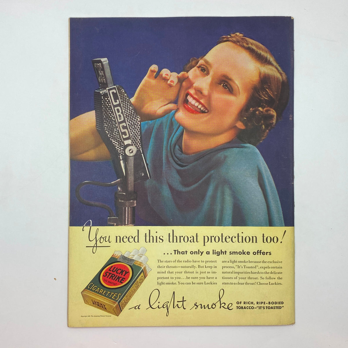 Vintage advertisement for Lucky Strike cigarettes showcasing a woman next to a CBS microphone, from The New Yorker magazine published on February 27, 1937, featuring Adolph Kronengold Cover.