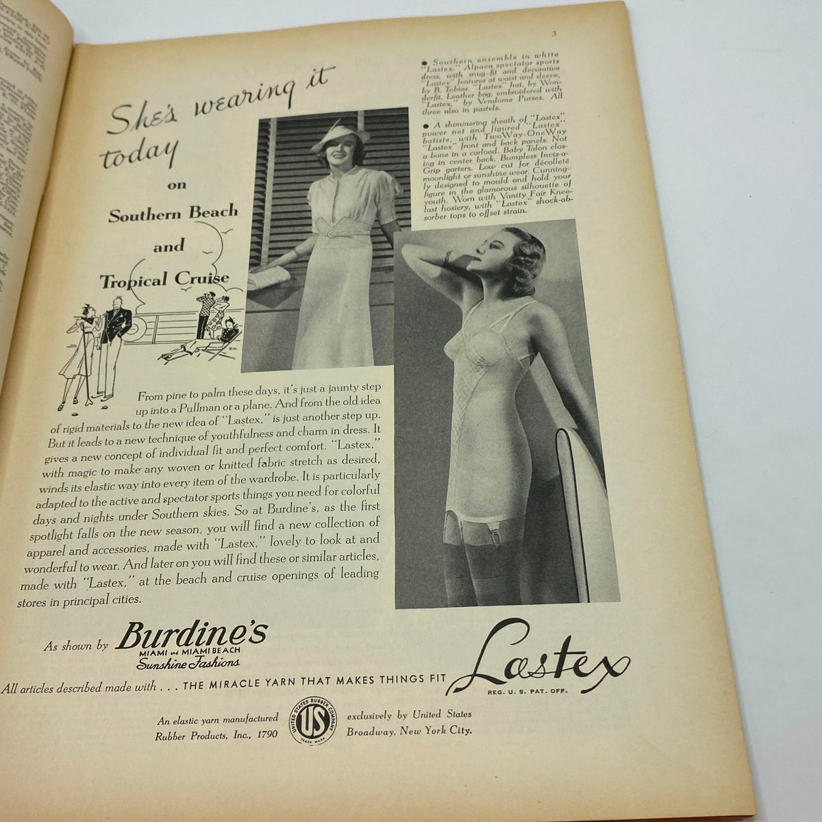 Advertisement from The New Yorker Complete Magazine February 6, 1937 showcasing fashion items for Southern Beach and Tropical Cruise, highlighting Lastex fabric.