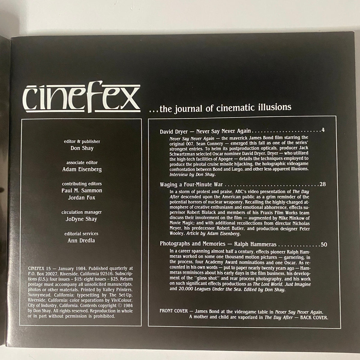Cinefex Magazine January 1984 No. 15 back cover featuring the haunting imagery from The Day After, capturing the chilling effects of nuclear devastation.