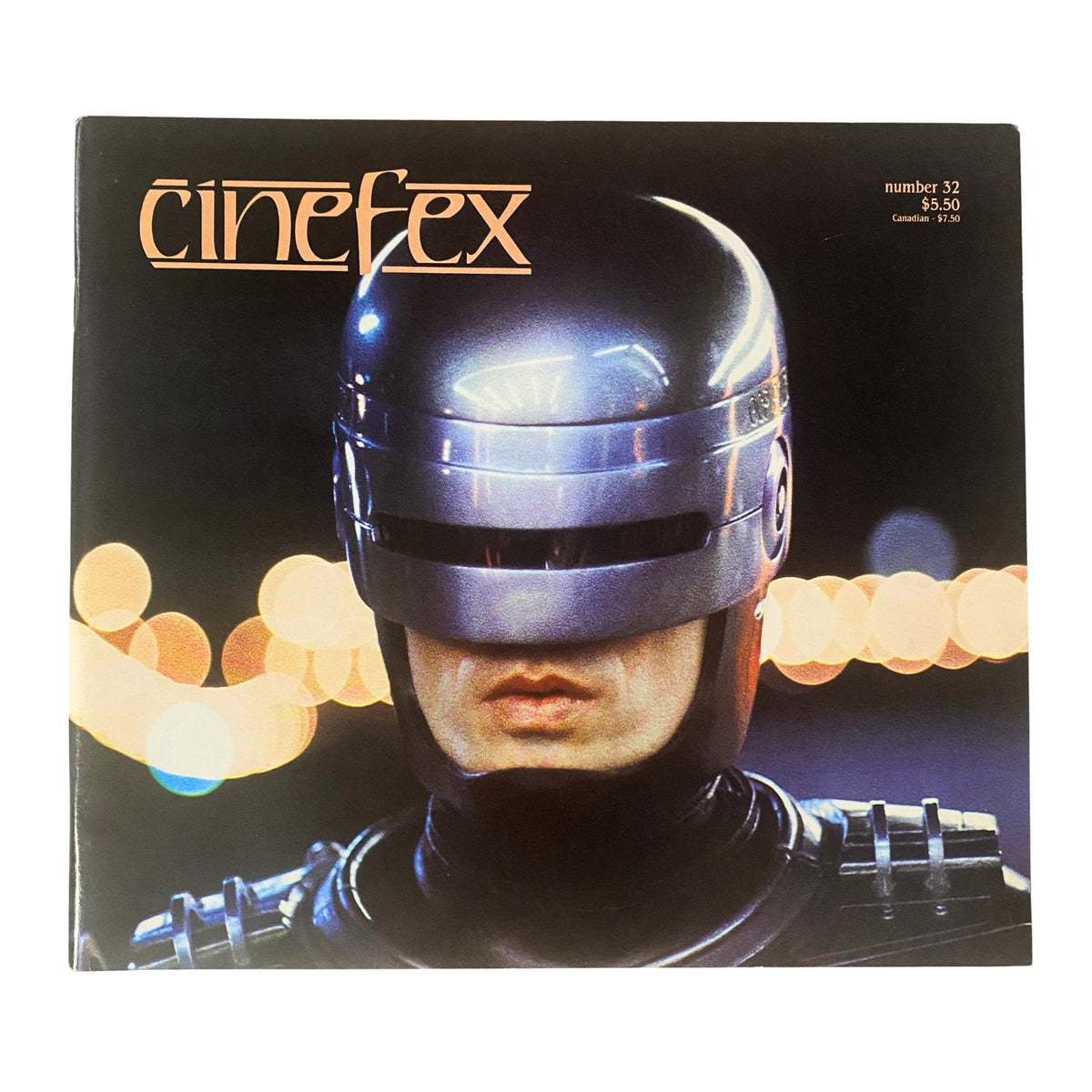 Cover of Cinefex Magazine November 1987 No. 32 featuring RoboCop, showcasing the iconic cybernetic character against a blurred cityscape background.