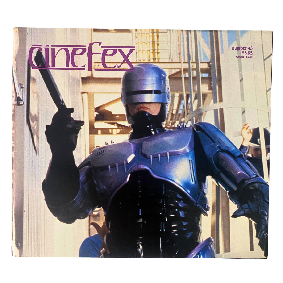 Cinefex Magazine February 1991 No. 45 featuring RoboCop on the cover, showcasing the iconic sci-fi character in a striking pose with a gun.