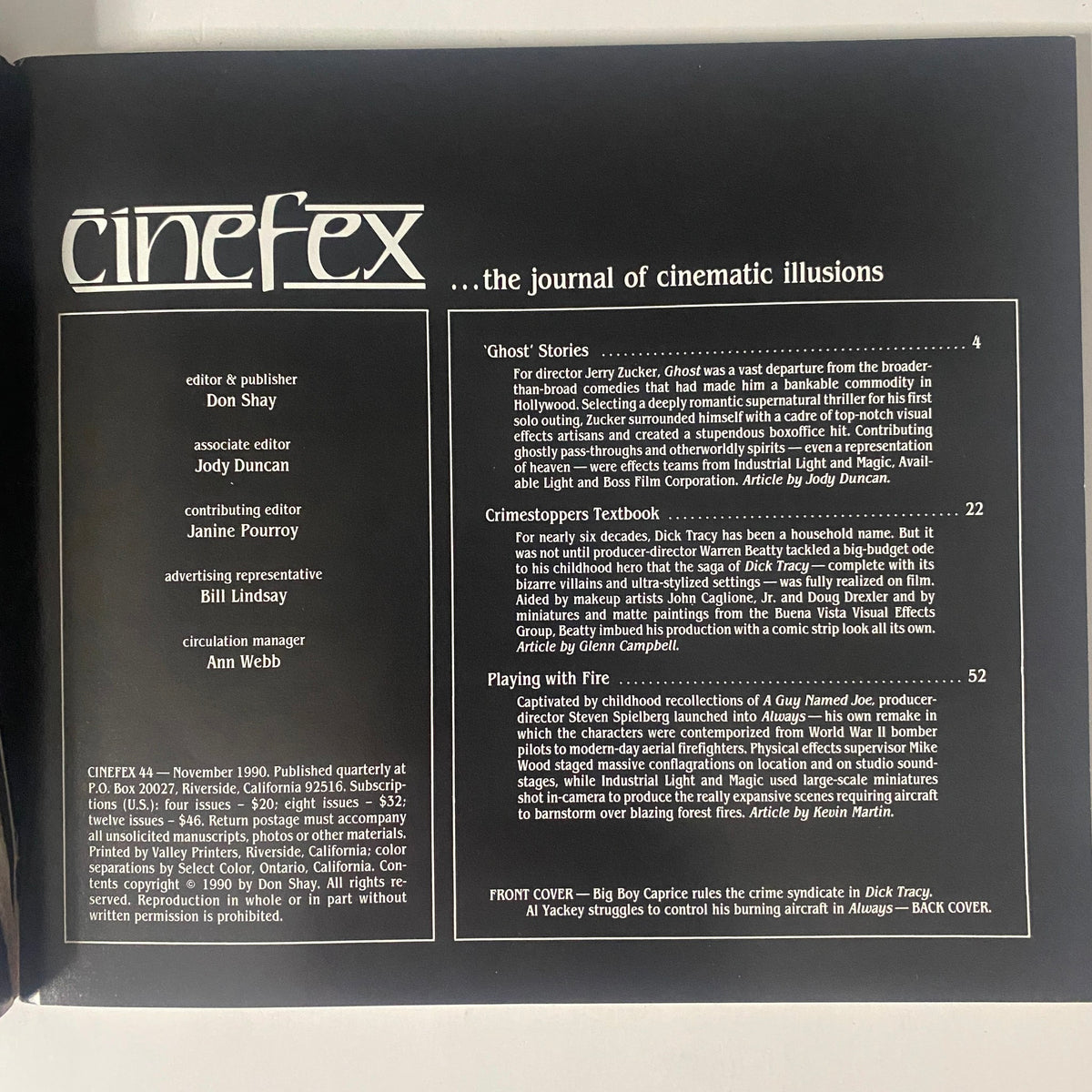 Back cover of Cinefex Magazine November 1990 No. 44 showcasing text and details related to the magazine’s articles on visual effects in films like Ghost, Dick Tracy, and Always.