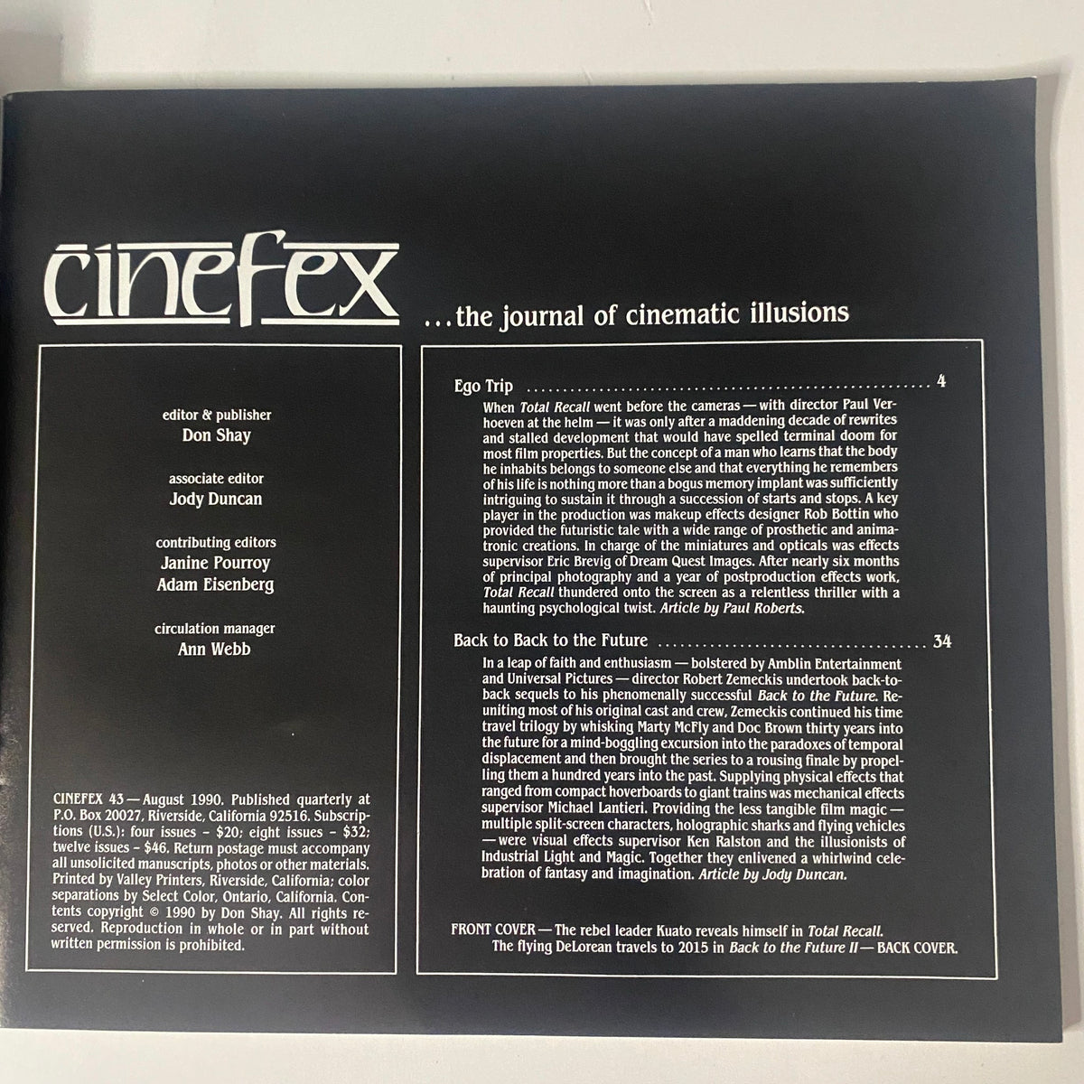 Inside page of Cinefex Magazine August 1990 No. 43 highlighting the editorial content with insights on Total Recall and Back to the Future II, underscoring the artistry of cinematic illusions.