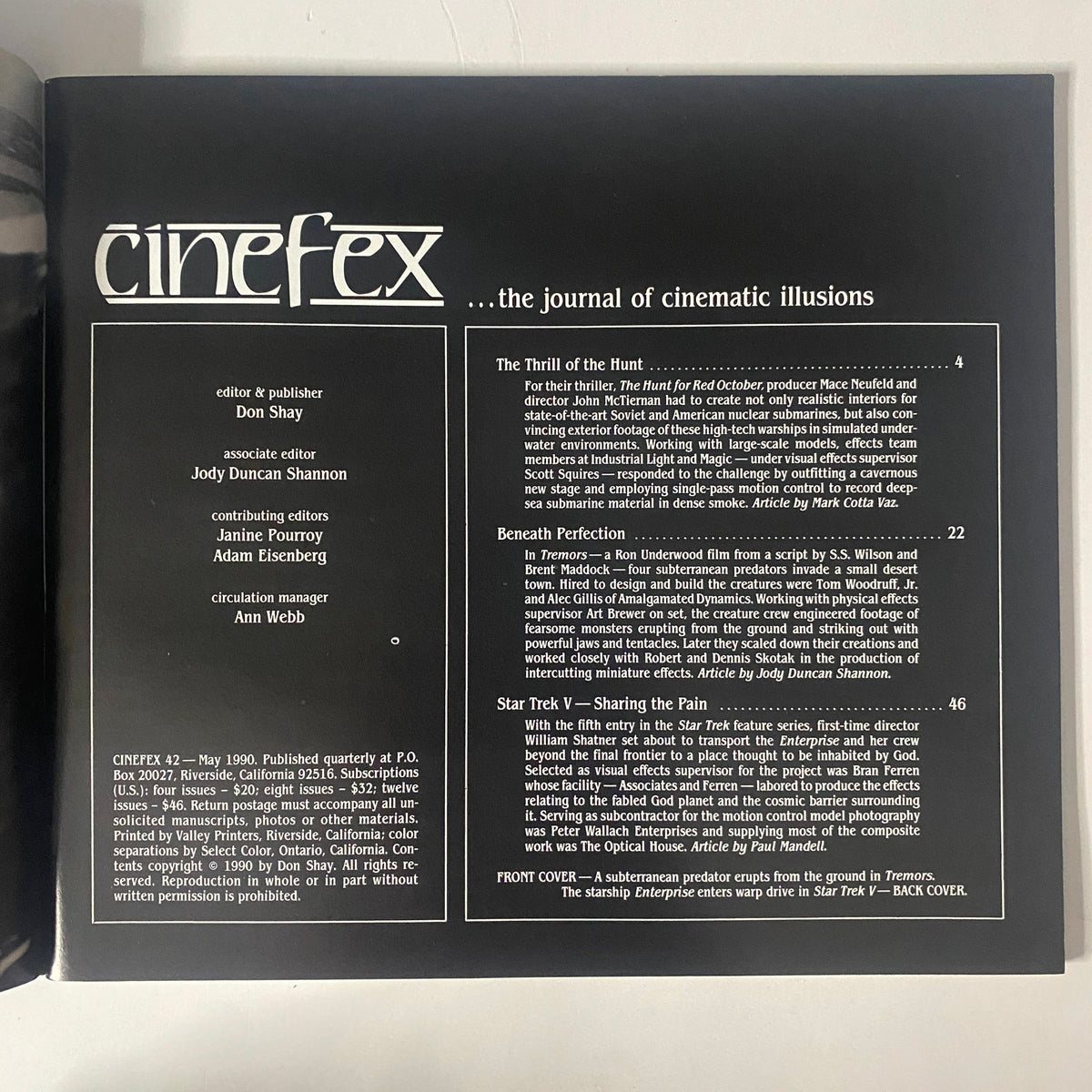 Inside cover of Cinefex Magazine May 1990 No. 42 showcasing the table of contents, detailing features on visual effects for The Hunt for Red October, Tremors, and Star Trek V.