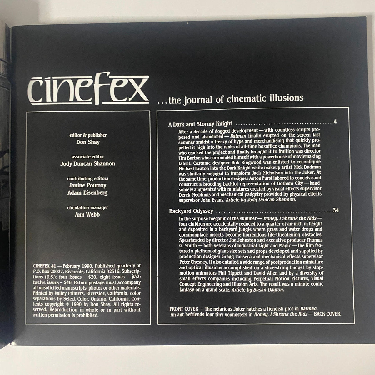 Back cover of Cinefex Magazine February 1990 No. 41, featuring table of contents and article highlights, covering Batman and Honey, I Shrunk the Kids.