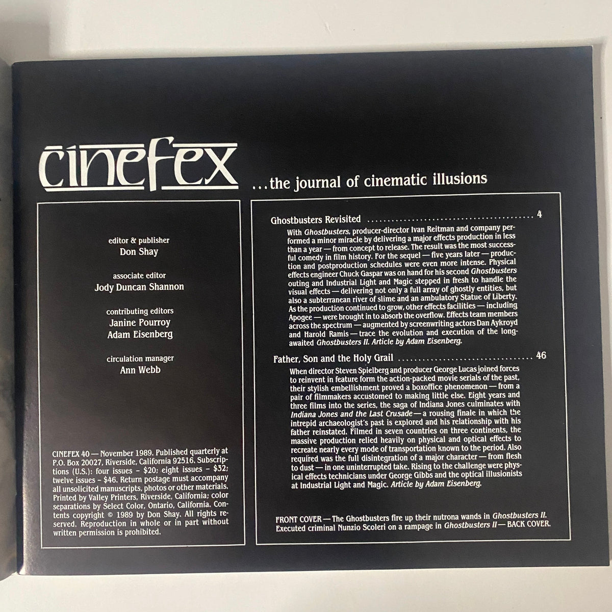 Back cover of Cinefex Magazine November 1989 No. 40, detailing the articles within, including 'Ghostbusters Revisited' and 'Father, Son and the Holy Grail'.