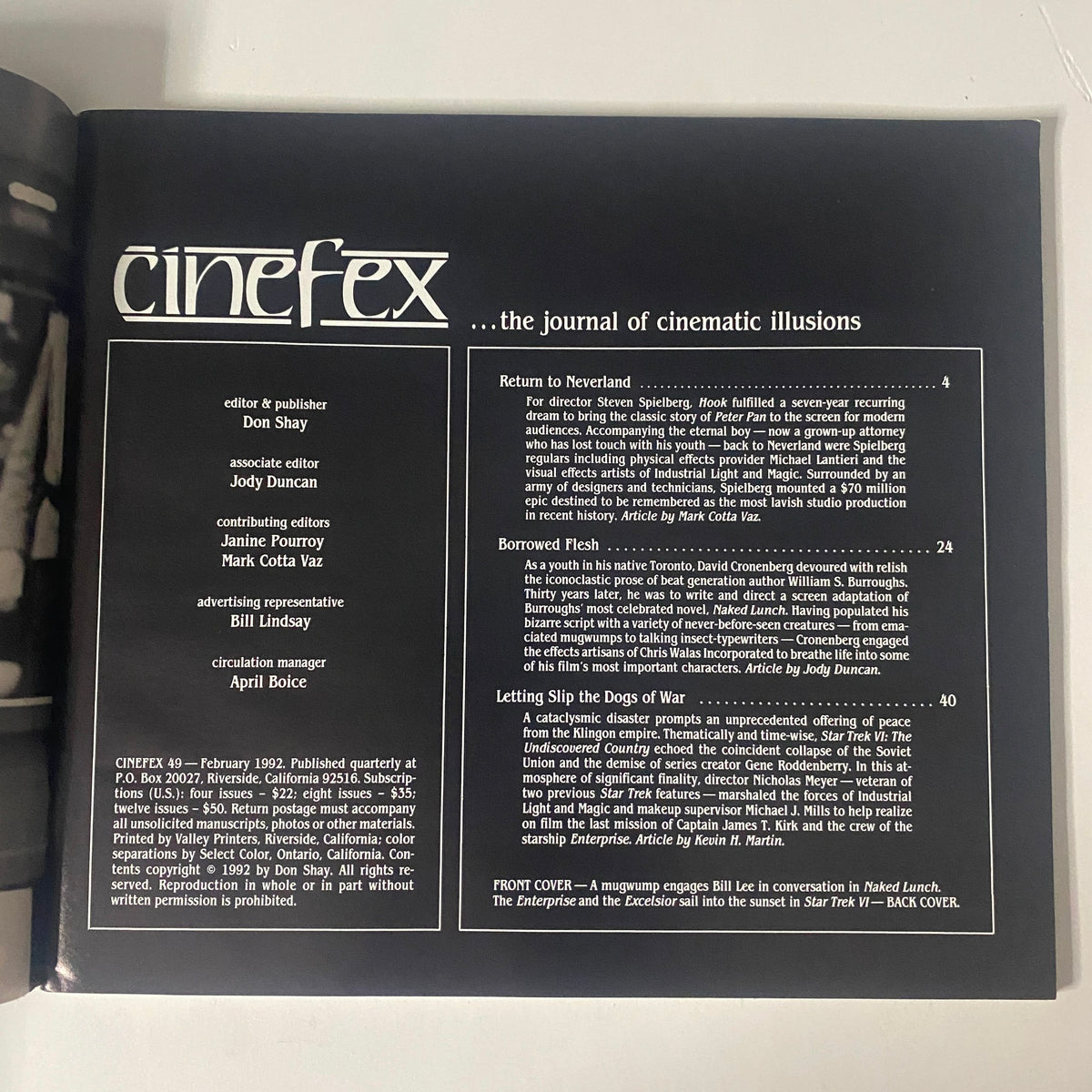 Inside page of Cinefex Magazine February 1992 No. 49 listing articles including Return to Neverland and Borrowed Flesh, highlighting visual effects and filmmaking insights.