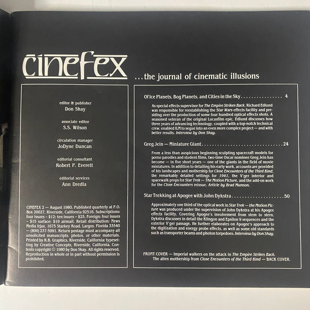 Cinefex Magazine August 1980 No. 2 The Empire Strikes Back inside page contents listing articles related to visual effects and cinematic illusions.