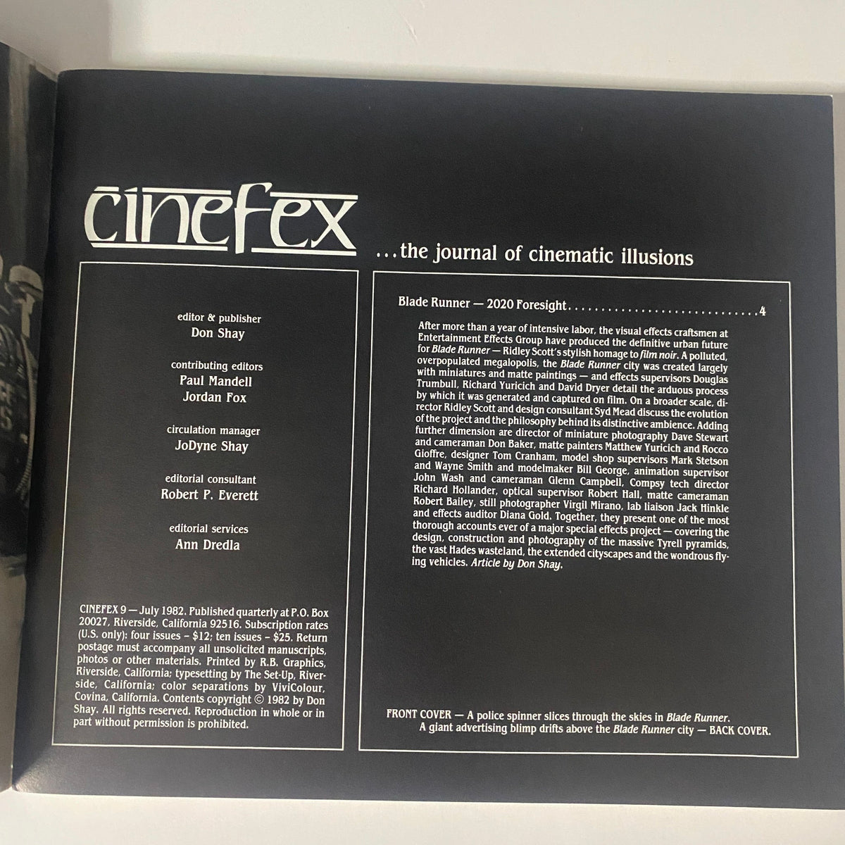 Cinefex Magazine July 1982 No. 9 featuring the table of contents and editorial details, emphasizing visual effects in Blade Runner.