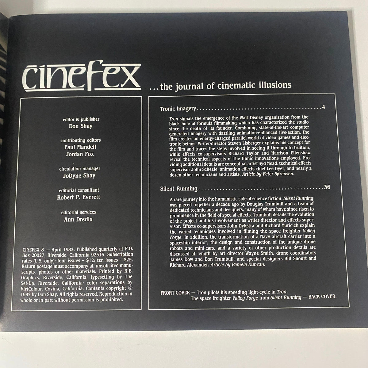 Cinefex Magazine April 1982 No. 8 highlighting Tronic Imagery feature, discussing Disney's Tron and its visual effects innovations.
