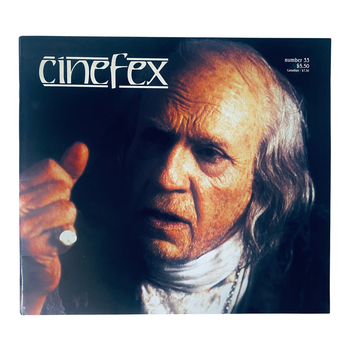 Cinefex Magazine February 1988 No. 33 featuring a close-up of a character from Amadeus, depicting dramatic expression and details of aging makeup.