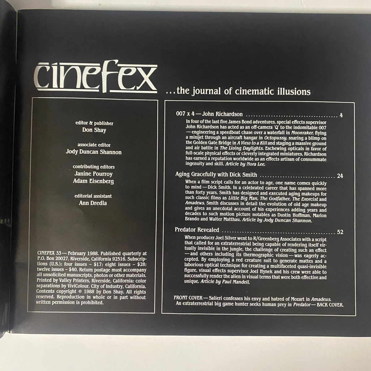 Cinefex Magazine February 1988 No. 33 showcasing the editorial page, listing contents including profiles on special effects for Amadeus and Predator.