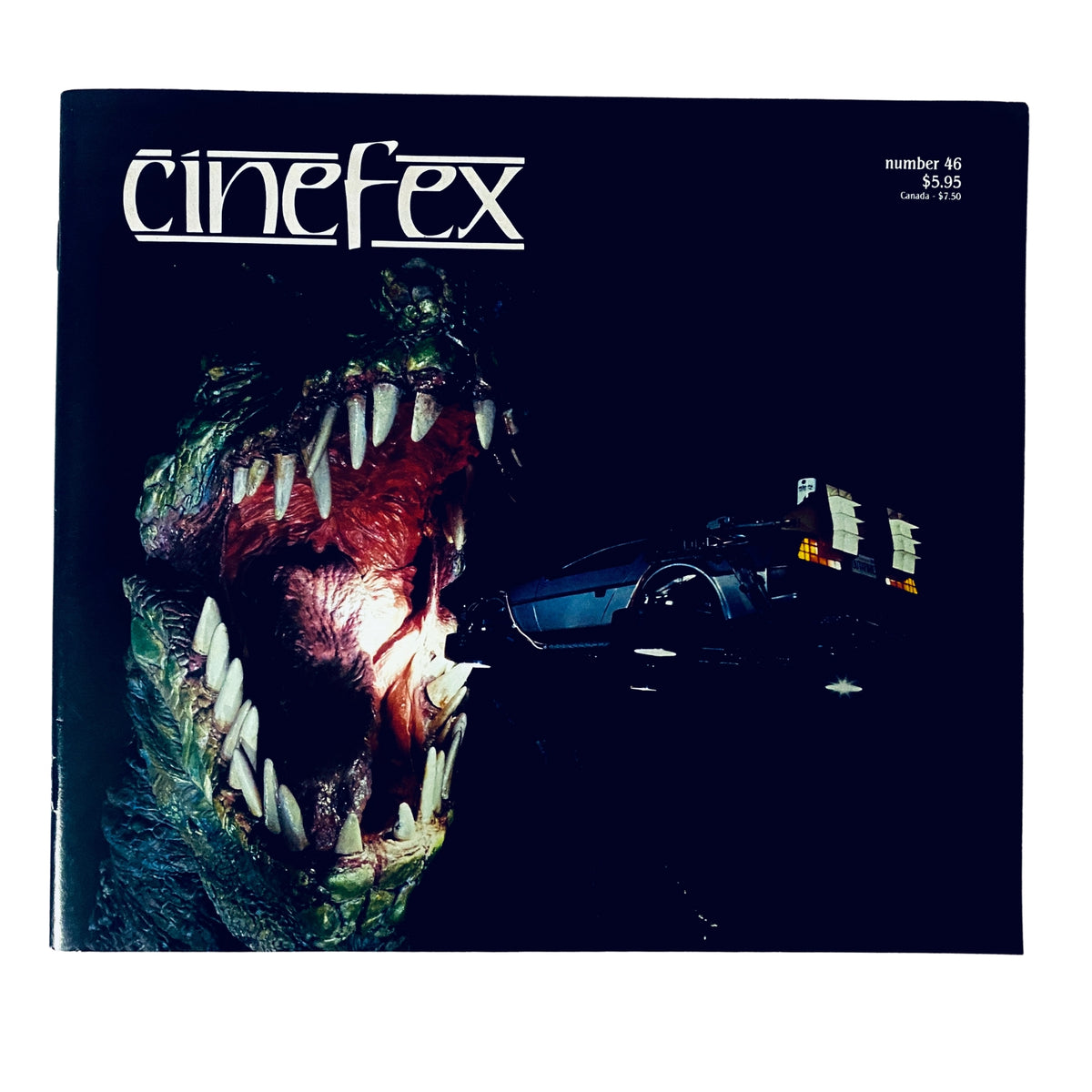 Cinefex Magazine May 1991 No. 46 cover featuring a large creature with sharp teeth alongside the iconic DeLorean car from Back to the Future.