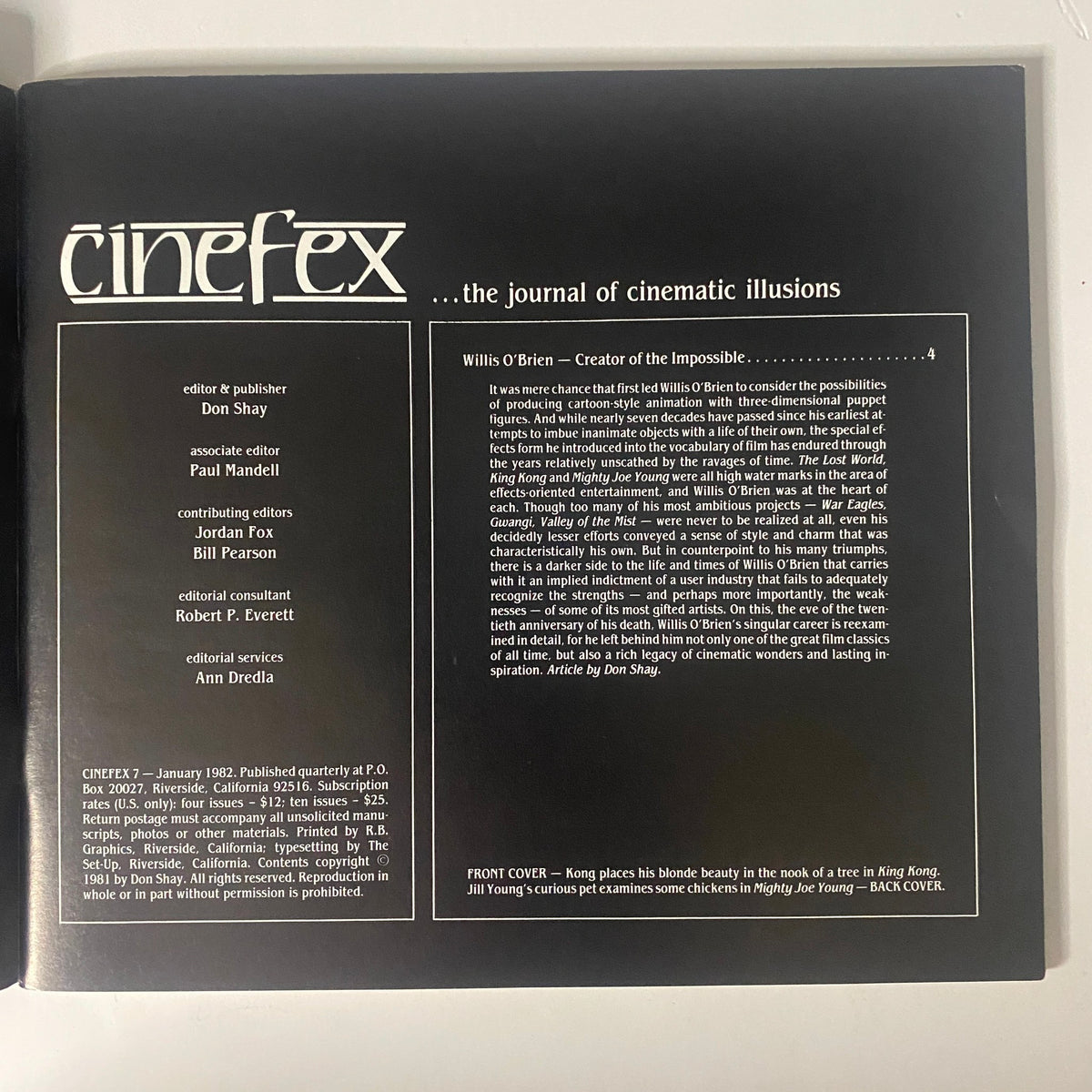 Cinefex Magazine January 1982 No. 7 featuring an editorial page by Don Shay, discussing Willis O’Brien and the challenges of stop-motion animation.