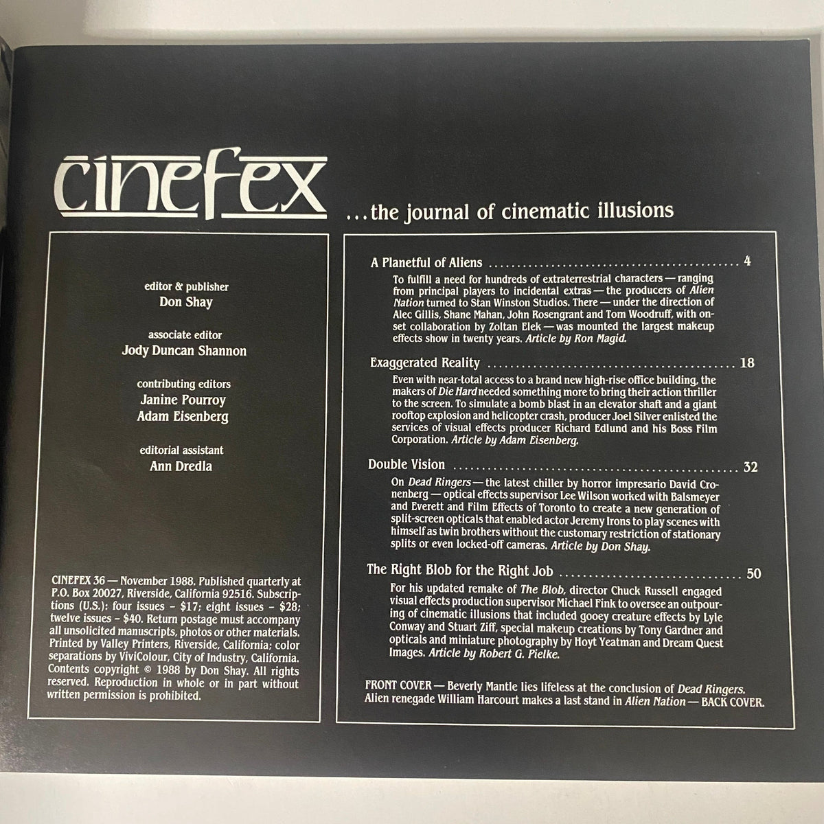 Cinefex Magazine November 1988 Issue No. 36 featuring articles on Dead Ringers and Alien Nation. The front cover highlights the dramatic climax of Dead Ringers.