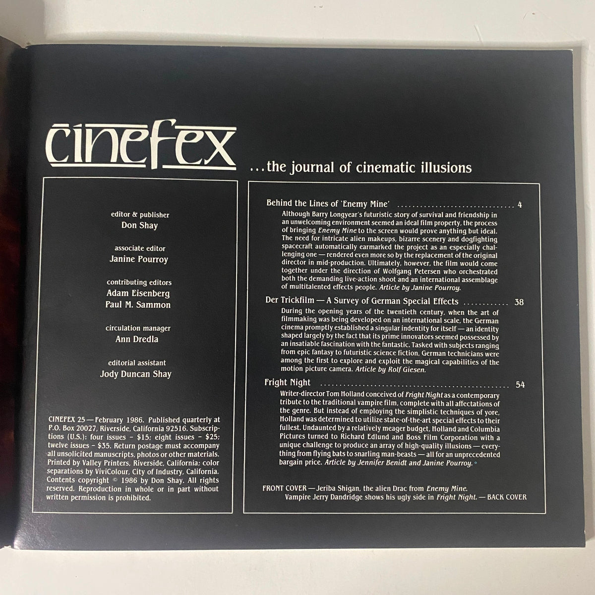 Contents page of Cinefex Magazine February 1986 No. 25 showcasing articles about 'Enemy Mine' and 'Fright Night', including details of behind-the-scenes insights and contributors.