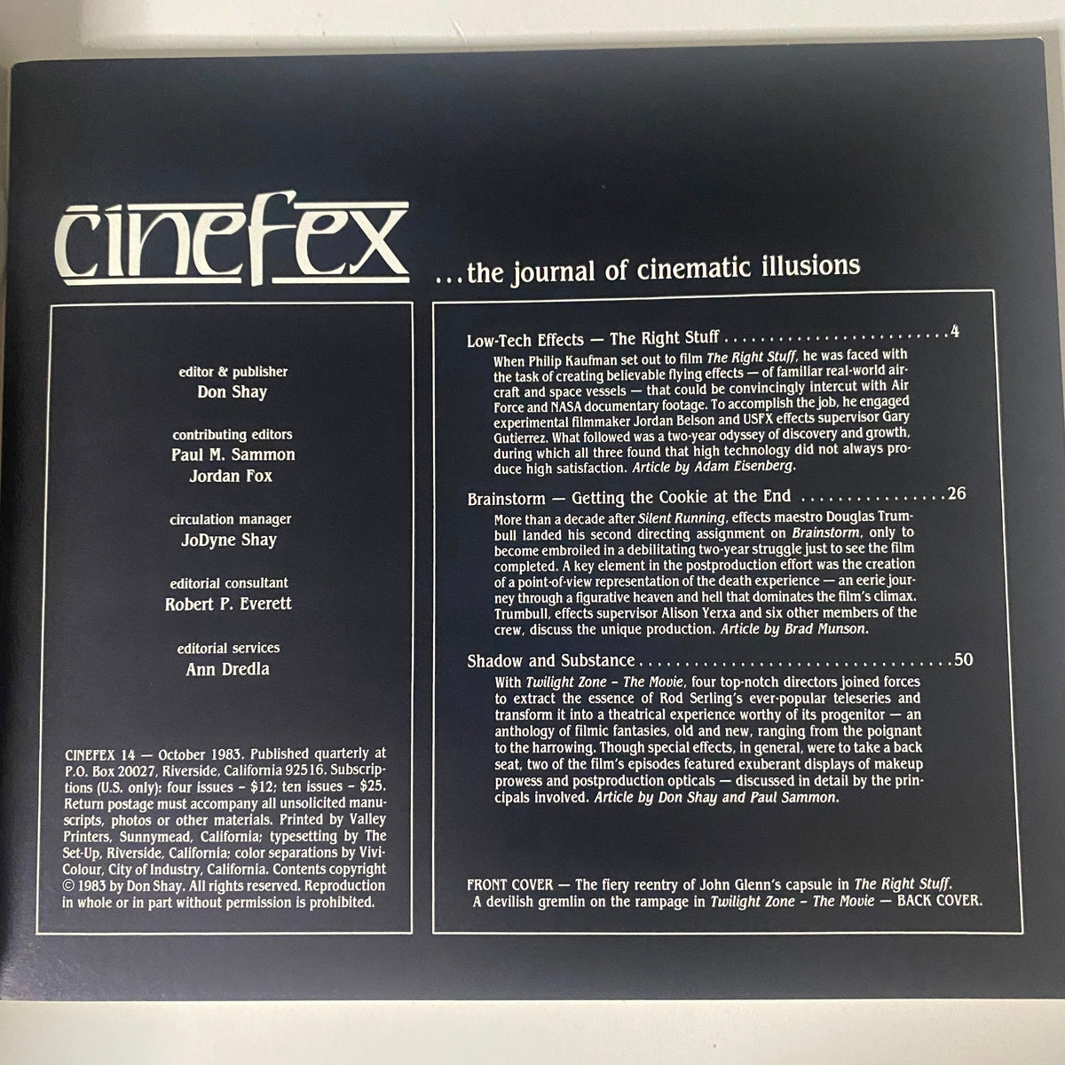 Back cover of Cinefex Magazine October 1983 No. 14, showcasing a detailed table of contents and article highlights, including Low-Tech Effects and Brainstorm.