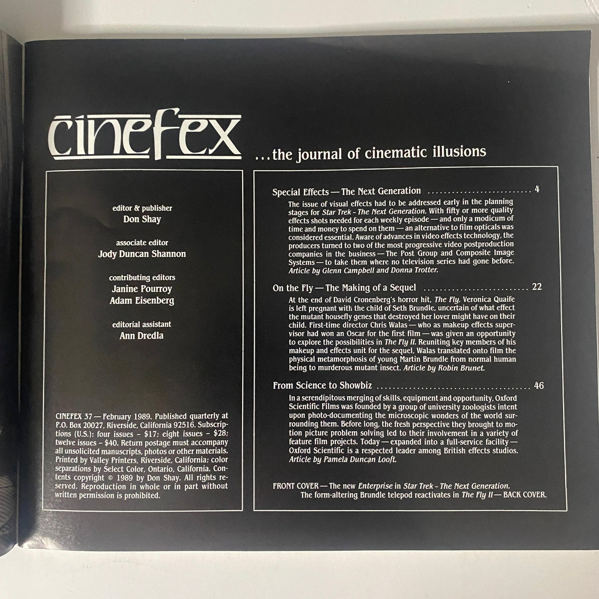 Cinefex Magazine February 1989 No. 37 inside cover details including contents such as Special Effects for Star Trek: The Next Generation, The Fly II, and other cinematic topics.