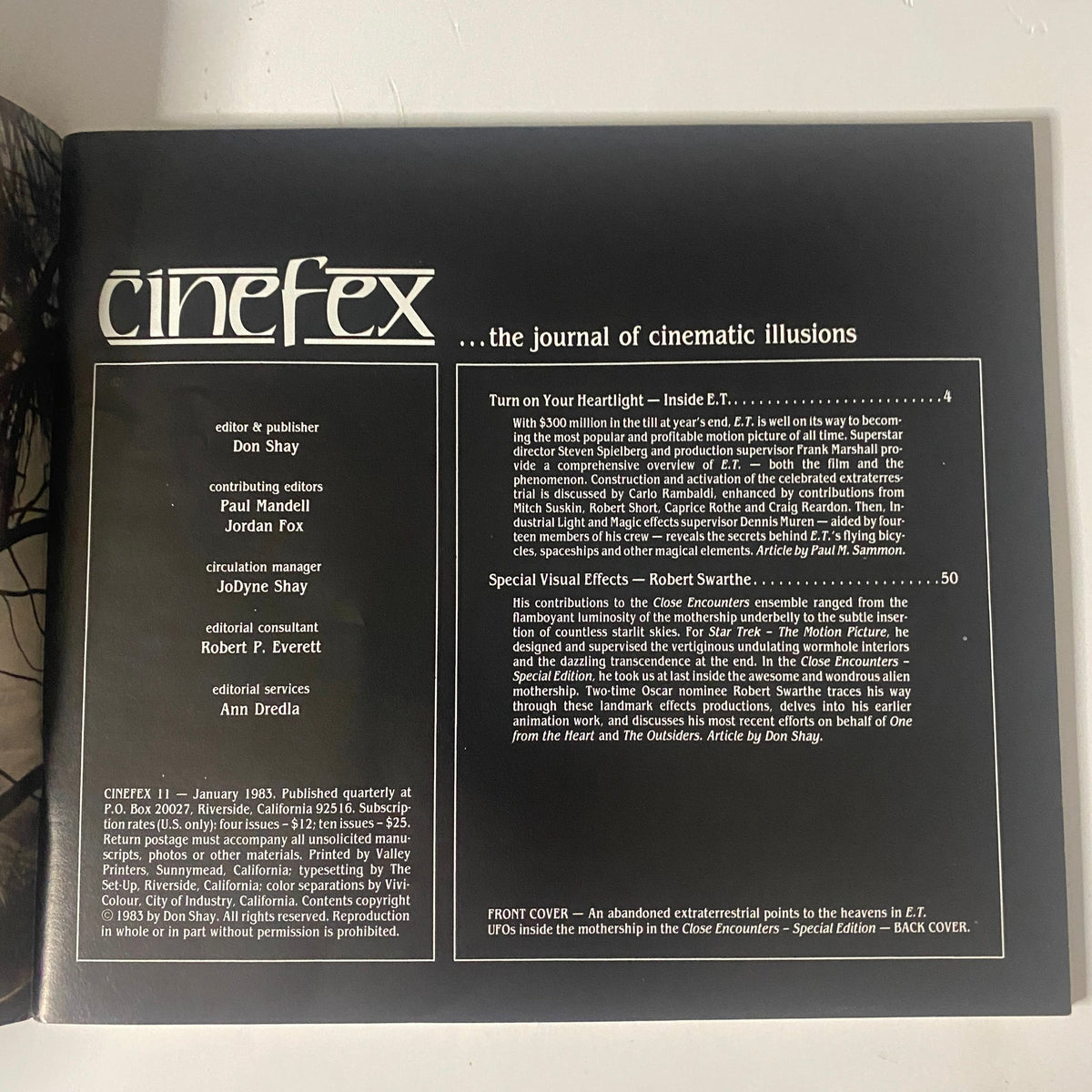 Cover page of Cinefex Magazine January 1983 No. 11 featuring an overview of articles on E.T. and Close Encounters, highlighting the film's cinematic illusions.